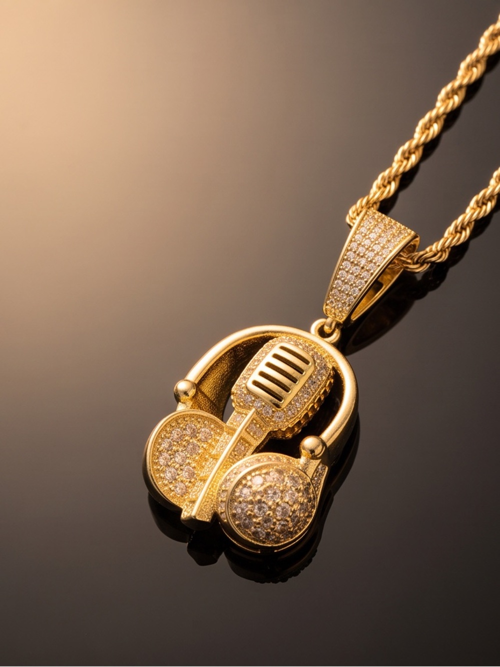 Iced Out Gold Microphone Headphones Pendant Necklace - 5A CZ / 24” Rope Chain